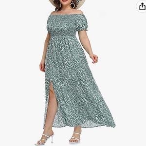 Boho Dress Plus Size Floral Print Off Shoulder Shirred Split Summer Maxi Long